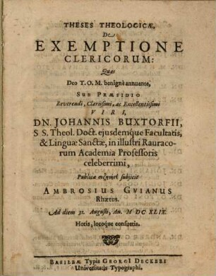 Theses Theologicae, De Exemptione Clericorum