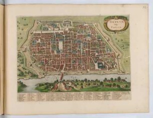 Vogelschauplan von Pavia, 1:5 500, kolorierter Kupferstich, um 1682 : Ticinum Vulgo Pavia. - [Ca. 1:5 500]. - [Amsterdam] : [Bÿ d' Erfsgenamen van Joannes Janssonius van Waesberge], [1682]. - 1 Vogelschauplan : Kupferstich. ; 45 x 30 cm (Karte) +++ Mit Gebäudeverz.