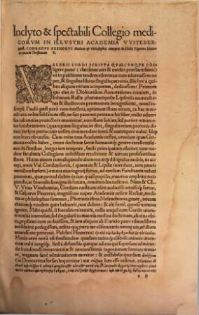 Valerii Cordi Simesusij Annotationes in Pedacij Dioscoridis Anazarbei de Medica materia libros V.