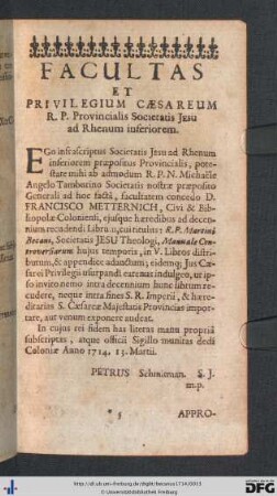 Facultas Et Privilegium Caesareum; Approbatio; Censura Ordinarii.