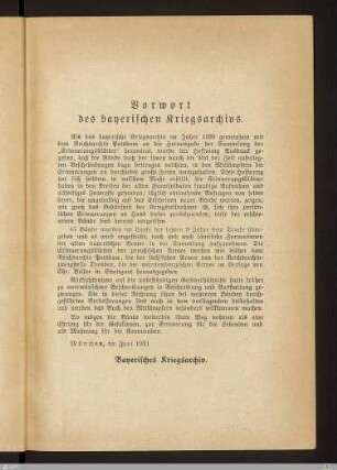 Vorwort des bayerischen Kriegsarchivs