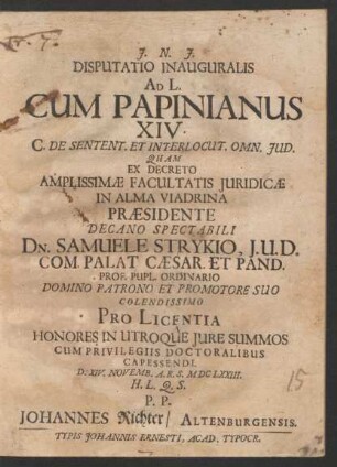 Disputatio Inauguralis Ad L. Cum Papinianus XIV. : C. De Sentent. Et Interlocut. Omn. IUD.
