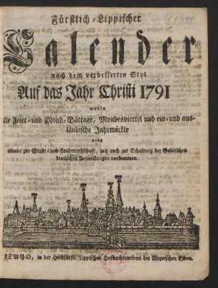 1791: Fürstlich-Lippischer Kalender nach dem verbesserten Styl: auf das Jahr Christi