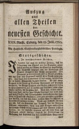 XXIX. Nachl. Coburg, den 19. Julii. 1760.