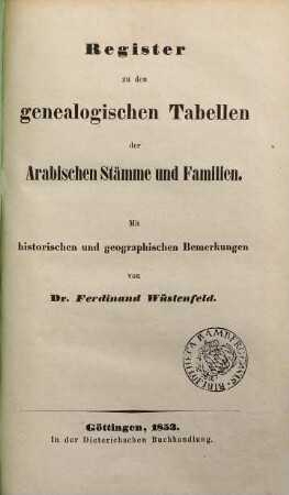 Genealogische Tabellen der arabischen Stämme und Familien : in zwei Abtheilungen ; mit historischen und geographischen Bemerkungen in einem alphabetischen Register, [2]. Register zu den genealogischen Tabellen der arabischen Stämme und Familien