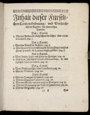 Inhalt dieser Fürstlichen Kirchenordnung/ und Verzeichniß der Capittel/ und sonderlichen Puncten.