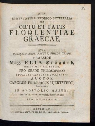 Dissertatio Historico Litteraria De Ortu Et Fatis Eloquentiae Graecae