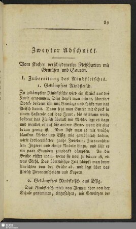 Zweyter Abschnitt. Vom Kochen verschiedenerley Fleischarten mit Gemüsen und Saucen