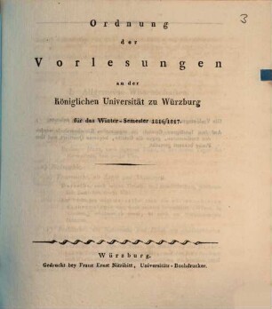 Ordnung der Vorlesungen an der Königlichen Universität Würzburg. 1816/17, 1816/17. WS