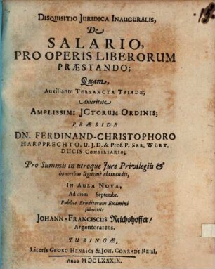 Disquisitio iuridica inauguralis, de salario, pro operis liberorum praestando