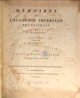 Mémoires de l'Académie Impériale des Sciences de St. Pétersbourg. 9, 9. 1819/20 (1824)