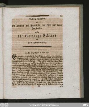 Anderer Abschnitt von den Zweifeln und Einwürfen der alten und neuen Freydenker wider die Vorsorge Gottes und deren Beantwortung.