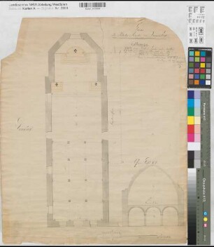 Vinnenberg (Warendorf) Klosterkirche Grundriß, Schnitt 1828 20 rh. Fuß = 9,35 cm 59 x 49 Zeichnung Ohm, Geometer KSM Nr. 1089