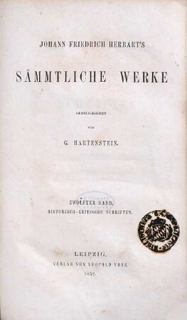 Johann Friedrich Herbart's Sämmtliche Werke, 12. Historisch-kritische Schriften