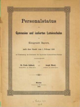 Personalstatus der bayerischen Studienanstalten. 1889, 1. Febr.