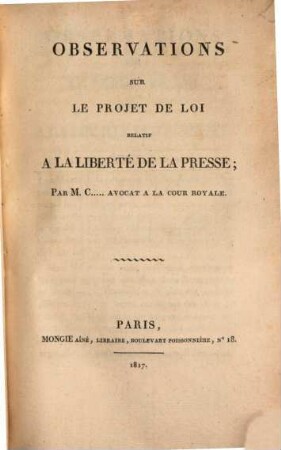 Observations sur le projet de loi relatif à la liberté de la presse
