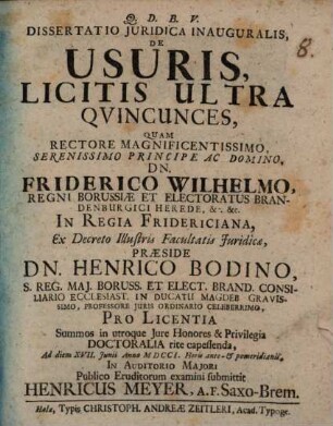 Dissertatio Juridica Inauguralis, De Usuris, Licitis Ultra Qvincunces