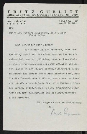 Brief von Paul Eipper von Kunstverlag Gurlitt  an Gerhart Hauptmann