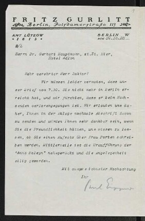 Brief von Paul Eipper von Kunstverlag Gurlitt <Berlin> an Gerhart Hauptmann