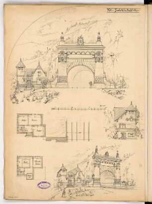 Tunneleinfahrt Monatskonkurrenz Februar 1896: Grundriss Erdgeschoss und Obergeschoss des Wärterhauses, Aufriss Vorderansicht, Aufriss Seitenansicht des Wärterhauses 1:100; perspektivische Ansicht; Maßstabsleiste