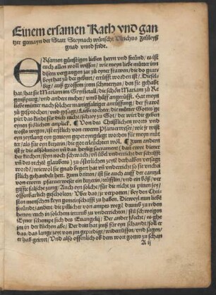 Einem ersamen Rath und gantzer gemayn der Statt Steynach wünscht Ulrichus Zeüleyß gnad unnd fride.