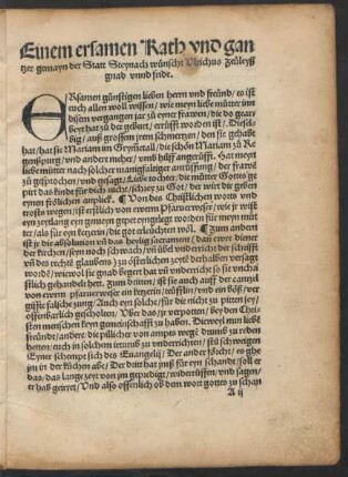 Einem ersamen Rath und gantzer gemayn der Statt Steynach wünscht Ulrichus Zeüleyß gnad unnd fride.