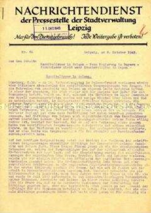 Interner Nachrichtendienst der Stadtverwaltung Leipzig u.a. zum "Bergen-Belsen-Prozess" in Lüneburg und zur Vorbereitung des Nürnberger Prozesses ("Nur für den Dienstgebrauch")