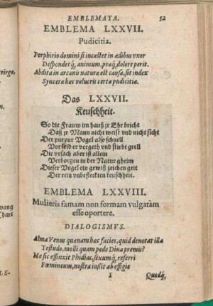 Emblema LXXVIII. Mulieris famam non formam vulgatàm esse oportere.