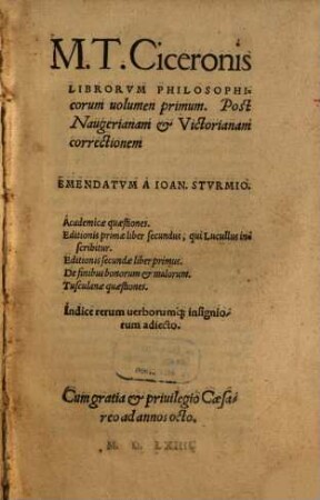 M. T. Ciceronis Librorvm Philosophicorum uolumen ..., 1. Academicae quaestiones