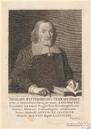 Nikolaus Rittershausen, Sohn des Conrad, Prof. jur. in Altdorf und Ratskonsulent in Nürnberg; geb. 17. Februar 1597; gest. 24. August 1670