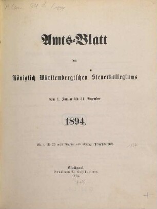 Amtsblatt des Württembergischen Steuerkollegiums. 1894