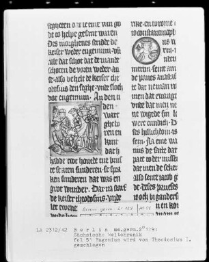 Sächsische Weltchronik (bis zum Jahre 1229) — ---, Folio 51rectoEugenius wird von Theodosius geschlagen, Folio 51recto