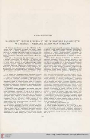 36: Marmurowy ołtarz z końca w. XVI w kościele parafialnym w Zarzeczu - nieznane dzieło Jana Białego