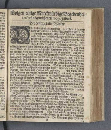 Folgen einige Merckwürdige Begebenheiten des abgewichenen 1709. Jahres.