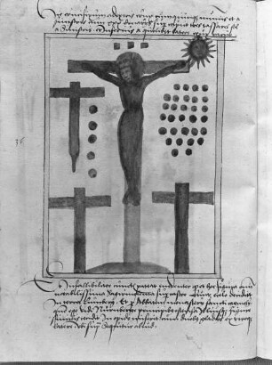 Jacobus Mennel, De signis portentis atque prodigiis — Krucifixus mit Zeichen, Folio 17verso