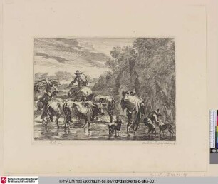 [Frau mit Reisigbündel, einen Bach überquerend, neben einem Hirten zu Pferd und drei Ochsen; Woman with bundle crossing a brook, near her man on horseback and three cows]