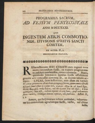 Programma Sacrum, Ad Festum Pentecostale Anni MDCCXXXI.