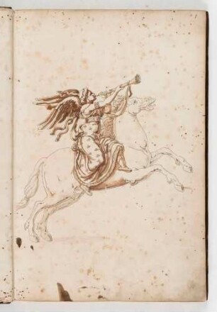 Fama auf einem springenden Pferd, in: Equestrium statuarum [...] formae [...] artificiosissime pictis, Bl. 1
