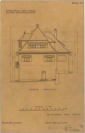 Fischer, Theodor; Stuttgart; Erlöserkirche - Pfarrhaus Nordseite (Ansicht)