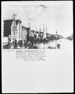 Stadtansicht von Bremen mit Lagerhäusern an der Schlachte und Weserufer
