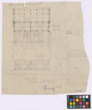 Kemnitz (Kreis Löbau): Hof Karl Model. - Pferdestall (Längsschnitt C-D, Süd-Seiten-Ansicht). - [Haupthaus] (Seiten-Ansicht, Grundriss)