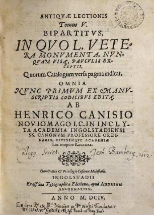 Antiquae Lectionis Tomus ... : accessit Menologium Graecorum .... 5, In Quo L. Vetera Monumenta, Nunquam Visa, Pauculis Exceptis. Quorum Catalogum versa pagina indicat.