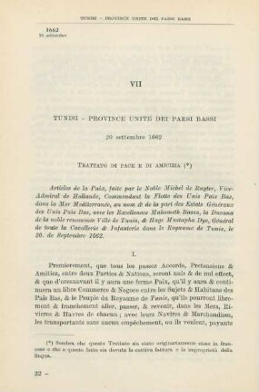 VII Tunisi - Province Unite dei Paesi Bassi 20 settembre 1662