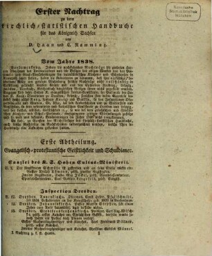 Kirchlich-statistisches Handbuch für das Königreich Sachsen oder Verzeichniß der in dem Königreiche Sachsen angestellten Geistlichen, Schulmeister, Schullehrer, Cantoren aller Confessionen. 1. 1838