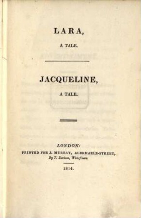 Lara : a tale ; Jacqueline, a tale