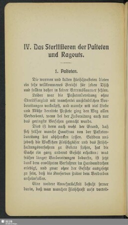IV. Das Sterilisieren der Pasteten und Ragouts