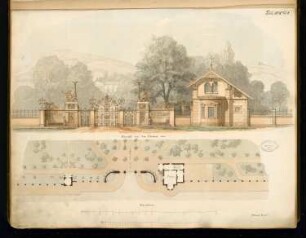 Portal mit Pförtnerhaus Monatskonkurrenz Juli 1878: Grundriss, Aufriss Straßenansicht; 2 Maßstabsleisten