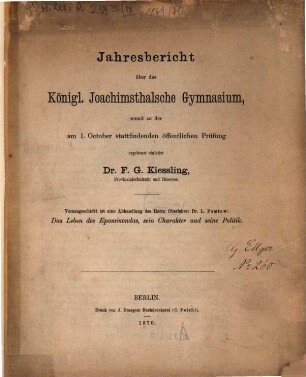 Jahresbericht über das Königl. Joachimsthalsche Gymnasium : für das Schuljahr ..., 1869/70