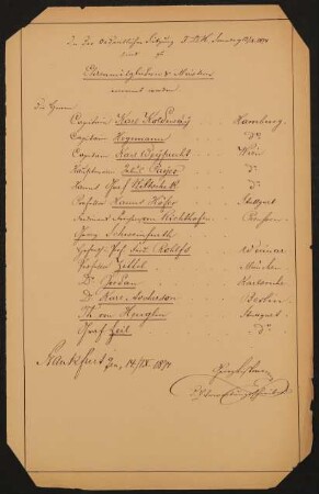 Liste "In der Ordentlichen Sitzung F.D.H, Sonntag 13.09.1874 sind zu Ehrenmitgliedern & Meistern ernannt worden"