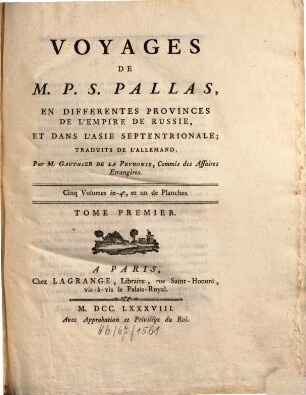 Voyages de M. P. S. Pallas en différentes provinces de l'empire de Russie, et dans l'Asie septentrionale, 1
